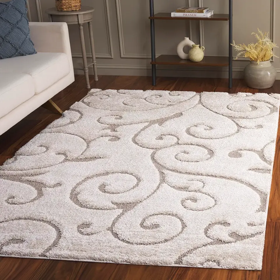 SAFAVIEH Florida Shag Collection Area Rug - 6' x 9', Cream & Beige, Scroll Design, Non-Shedding & Easy to Clean, High-Low Plush Pile, Ideal for Living Room, Bedroom, Dining Space (SG455-1113)