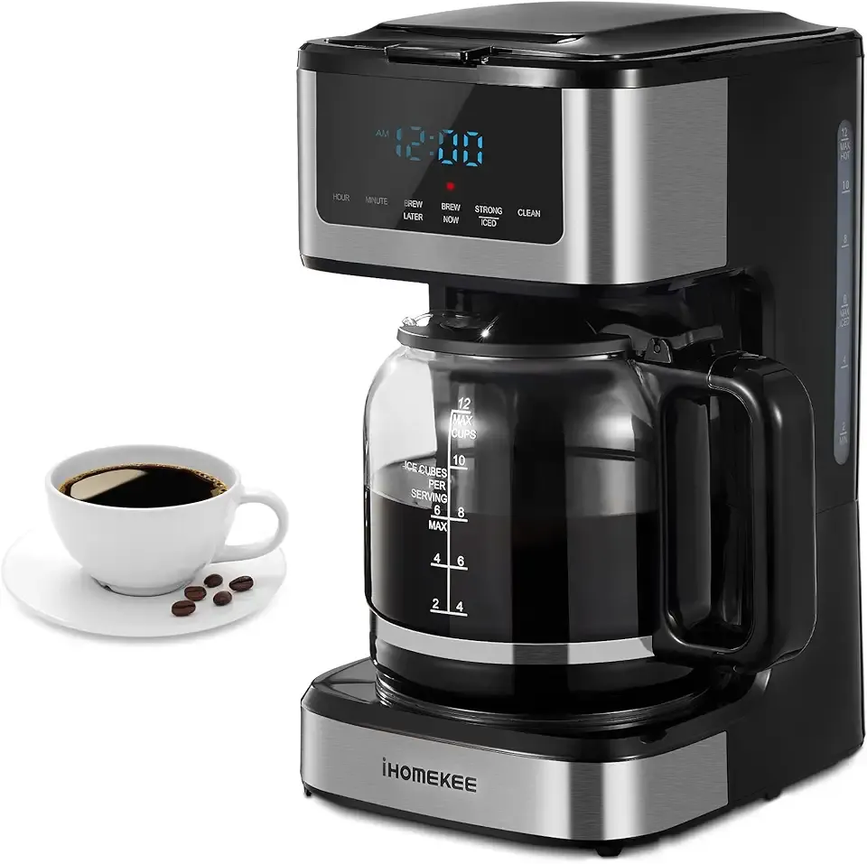 Coffee Maker, Programmable Drip Coffee Maker 12 Cup, Regular & Strong Brew Drip Coffee Machine with Iced Coffee Function for Home and Office, Black & Stainless Steel