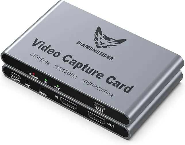 DiamondTiger HDMI Capture Card for Streaming and Recording - 4K@60HZ, 1080P@240HZ,HDR VRR Passthrough Near-Zero Latency Video Capture Card…