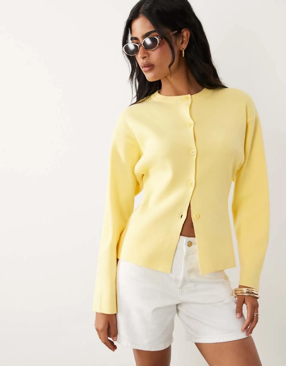 ASOS DESIGN knitted structured crew neck cardigan in lemon