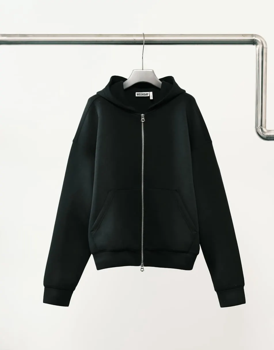 Weekday co-ord scuba-style fabric zip through hoodie in washed black - BLACK