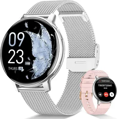 Damen Smartwatch 1,39" mit Anruf, Zyklus-Tracking,120+ Sportmodi,Herzfrequenz & Schlafmonitor,Schrittzähler,kompatibel mit Android&iOS,Geschenk-Silber