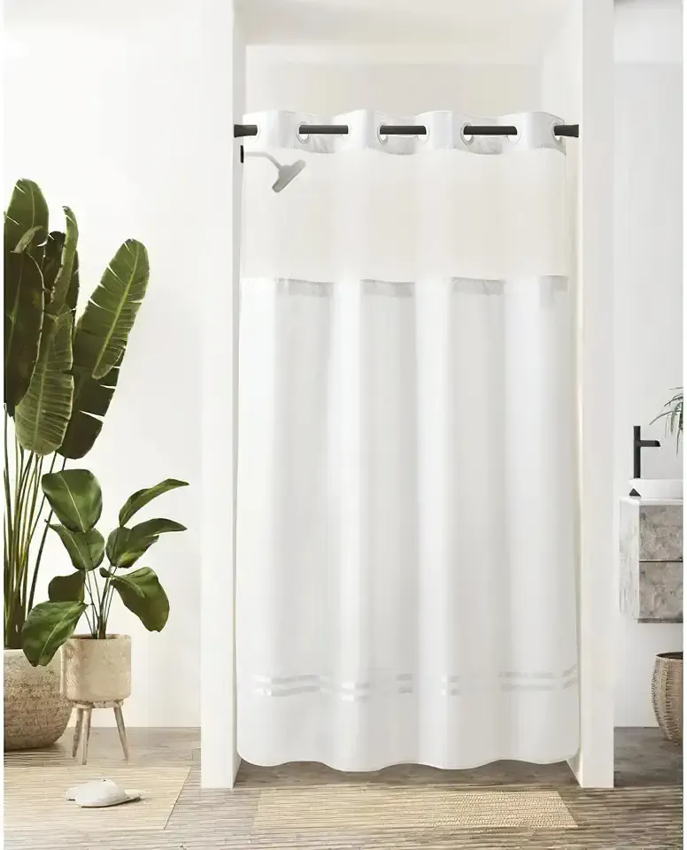 River Dream Stall Shower Curtain with Snap in Liner,No Hooks Needed Shower Curtain for Bathroom,Hotel Grade,Machine Washable,54" W×80" H,White,with White Stripe and Magnets