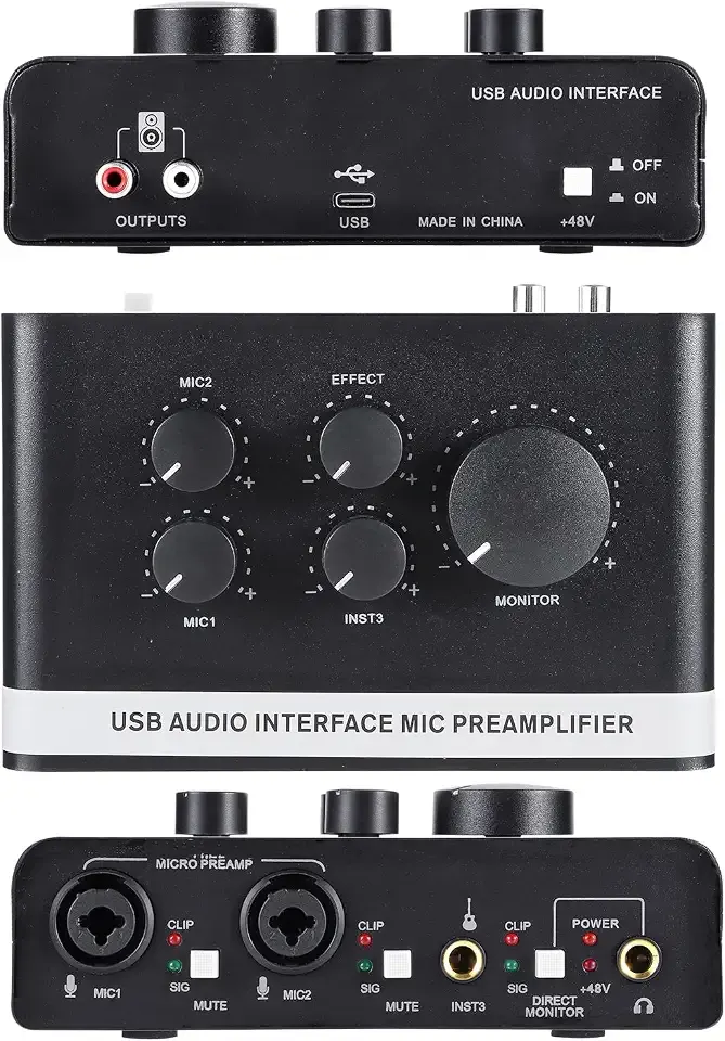 USB Audio Interface with 48V Phantom Power, XLR/TRS Inputs, USB C Recording Interface with Direct Monitor & Echo Control, 48kHz Audio Interface for PC Mac iOS, Guitar, Mic, Podcast
