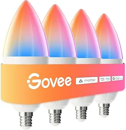 Govee E12 Led Bulb, Smart Light Bulbs Work with Matter, Alexa, Google Assistant, WiFi Candelabra Bulbs 40 Watt Equivalent, RGBWW Color Changing Light Bulb, 2.4Ghz Only, 450 LM, 4 Pack Govee E12 Led Bulb, Smart Light Bulbs Work with Matter,…