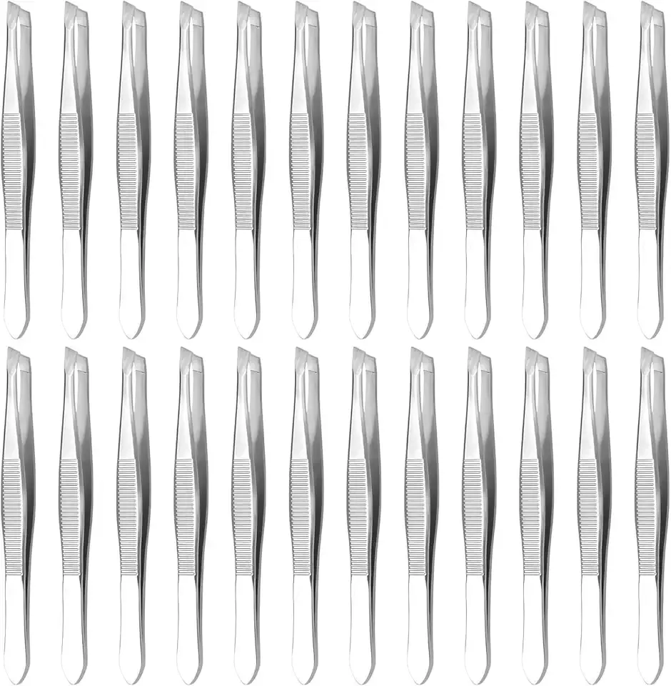 24 Pcs Bulk Tweezers, 3.5 In Stainless Steel, Slanted Tips | First Aid Tweezers Bulk Pack for Brows, Splinters & DIY Crafts; Lightweight for Travel & Home Use; with Heart Clamps