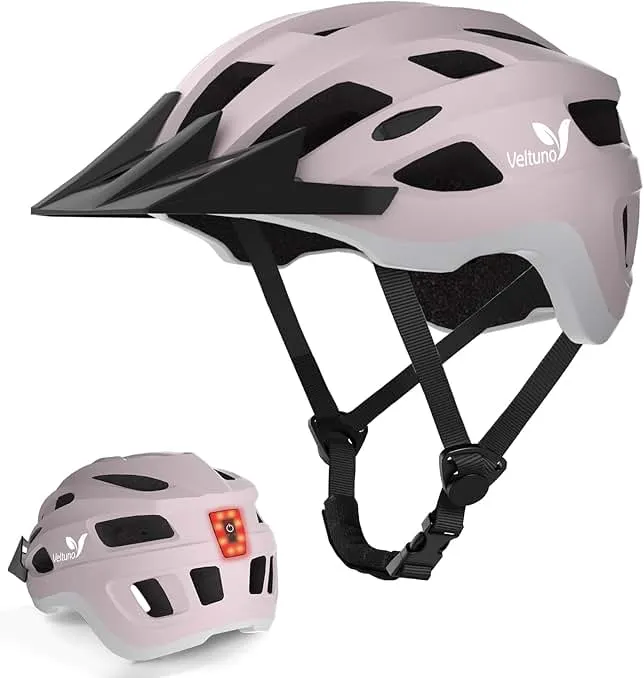 Veltuno Bike Helmet for Adults, Lightweight Mountain Bicycle Helmet with USB Rechargeable LED Rear Light, Removable Sun Visor for Women, Men, Suitable for Cycling and Commuting