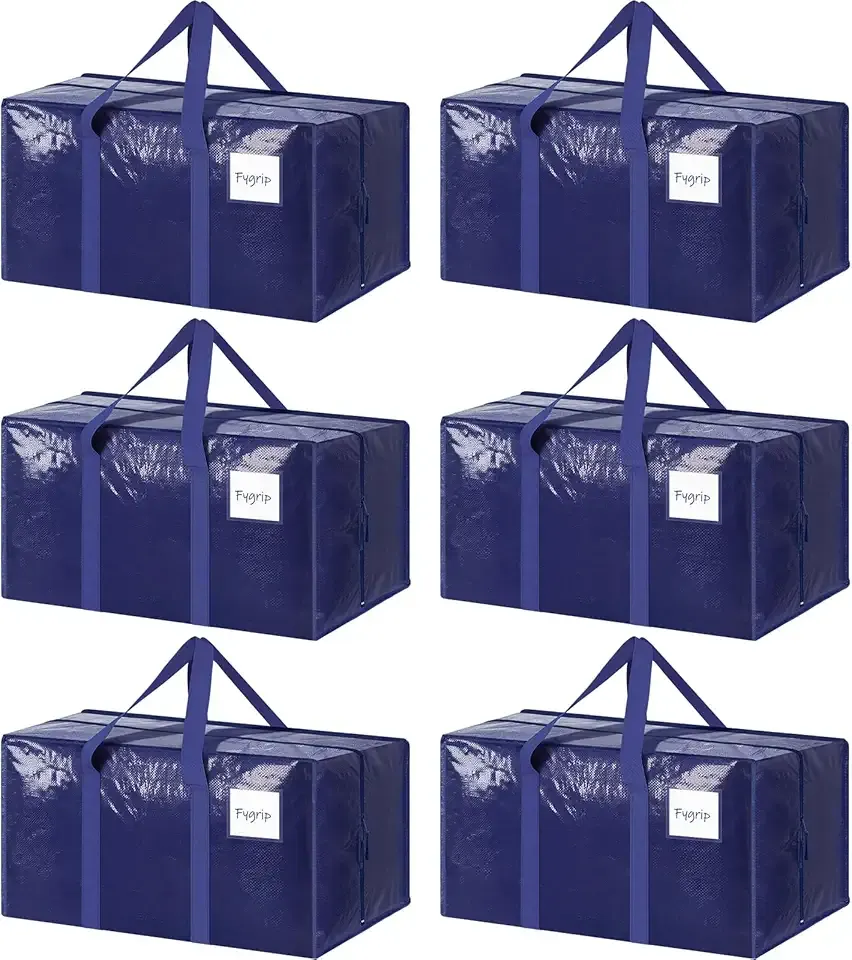 6 Pack Extra Heavy Duty Large Moving Bags with Strong Zipper & Comfortable Handles, Sturdy & Durable Clothes Storage Bags Totes Bins, Blue Packing Moving Boxes for College Supplies, Dark Blue