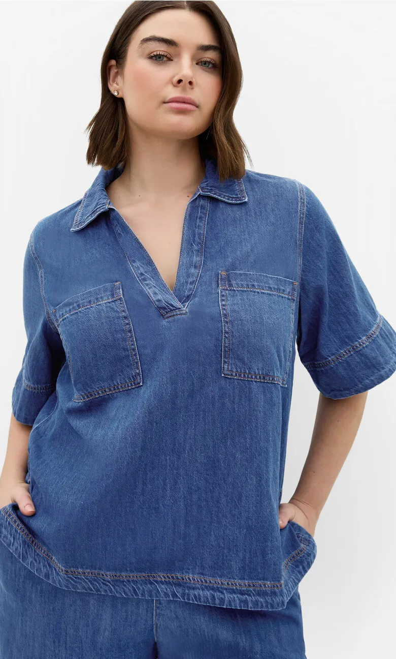 Tiana Pocket Cotton Denim Top - light wash