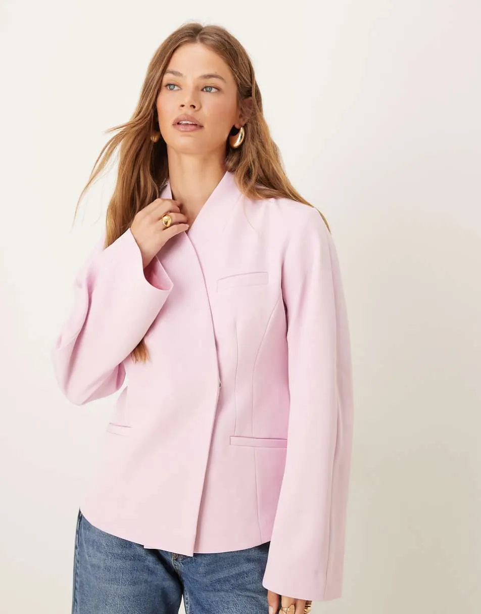 ASOS DESIGN Tailored collarless cocoon sleeve blazer in pink