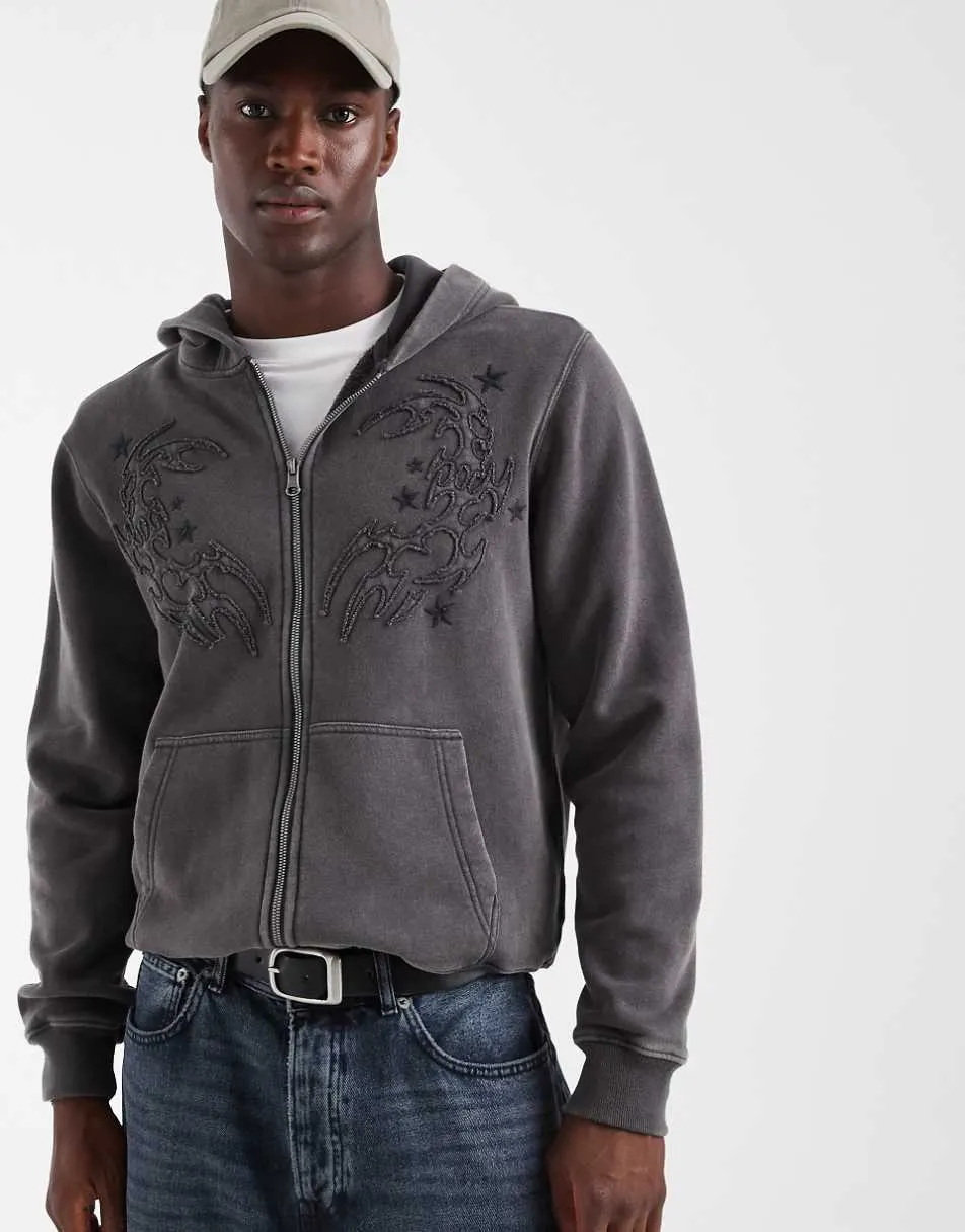 Hollister zip up hoodie with y2k patch detail in washed black