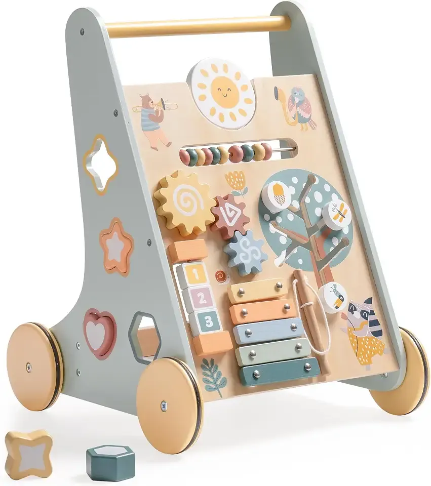 ROBUD Wooden Baby Walker, Baby Push Walker with Activity Center and Storage, Montessori Walker Toy for Boys and Girls Learning to Stand and Walk, Blue