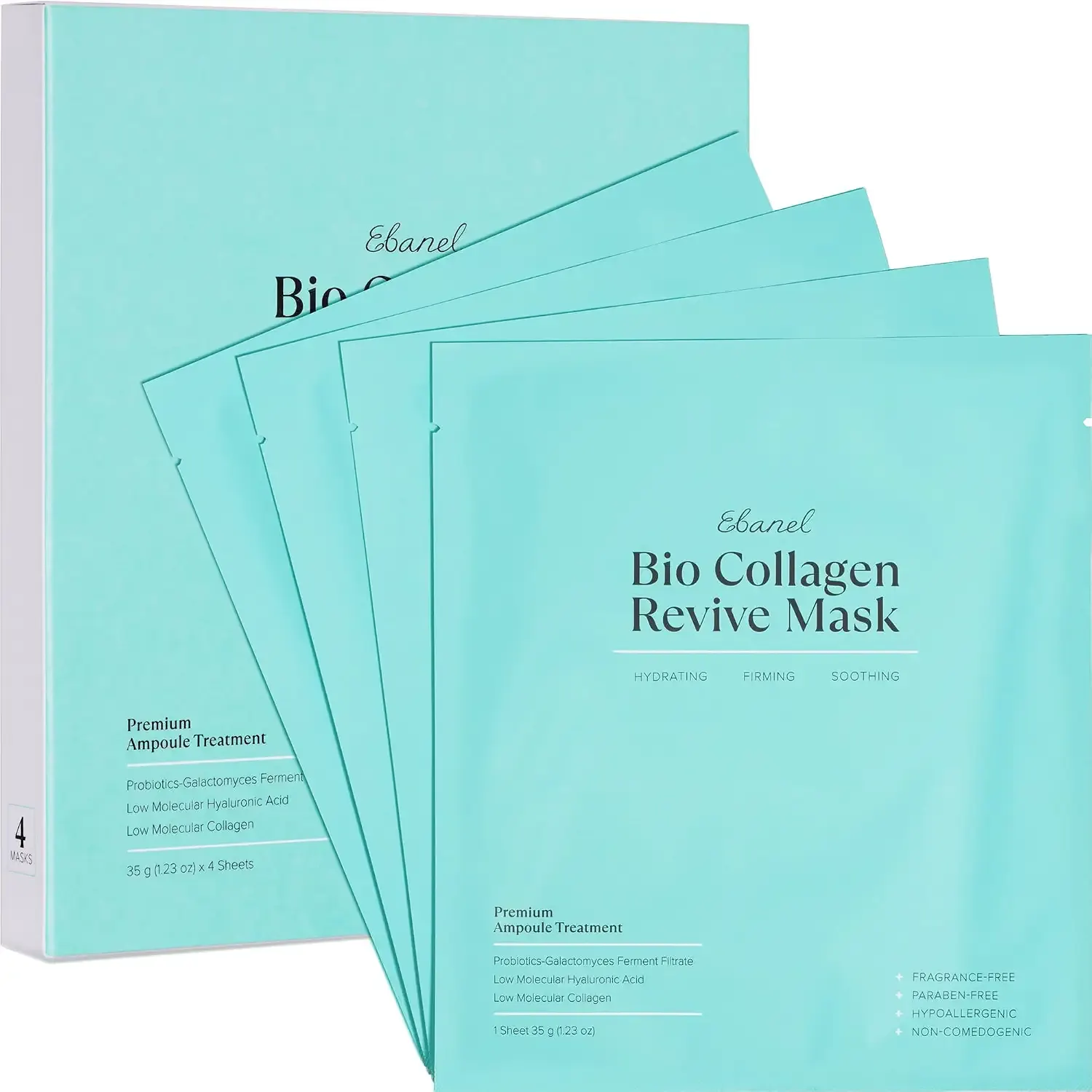 Ebanel Bio Collagen Face Mask, Hydrating Overnight Korean Face Sheet Masks | Premium 4-Pack Hydrogel Masks with 7 Peptides, Hyaluronic Acid, Niacinamide, Centella, Ceramide, Vitamins B5 & C, Adenosine
