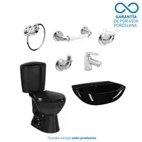 Combo Manantial: Sanitario Mantial Pro Redondo Negro De 2 Piezas + Lavamanos Manantial Sin Pedestal + Grifería Nogal + Kit De Accesorios Cromados Valencia De 4 Piezas Corona