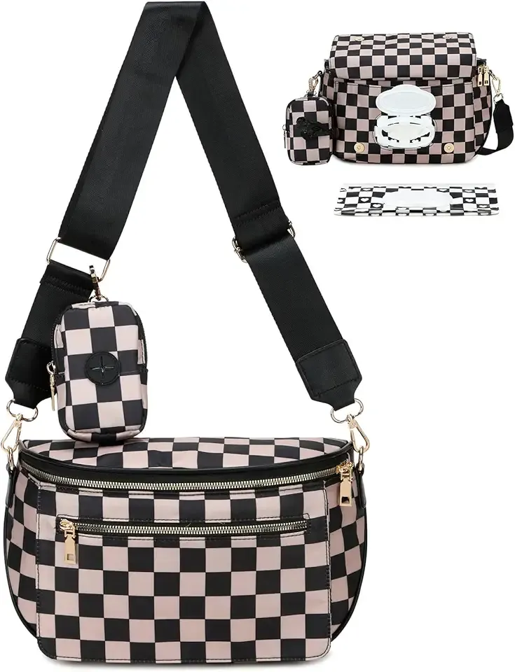 Eslcorri Small Diaper Bag Fanny Pack for Quick Outings, Crossbody Diaper Purse with Built-in Wipes Dispenser, Water-resistant Checkered Belt Bag for Moms Dads, 8L Expandable Capacity