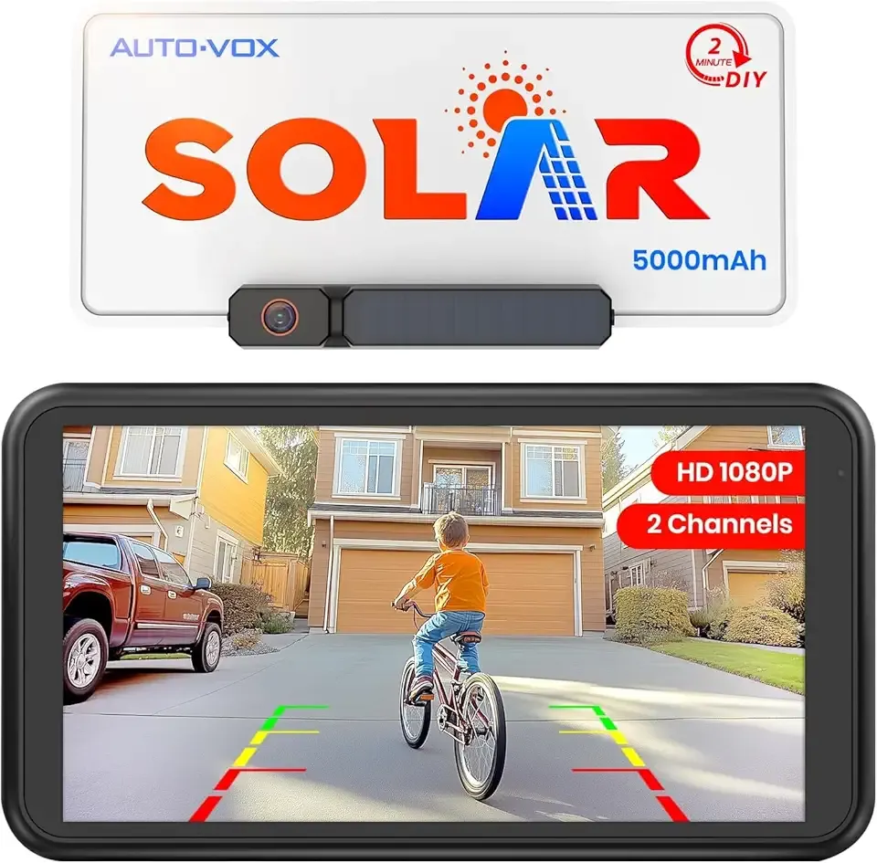 AUTO-VOX Solar Wireless Backup Camera with 5" 1080P Monitor: 5000mAh Battery 2 Mins DIY Installation & 2 Split Screen Back Up Camera, IP69K Waterproof Reverse Camera for Car, Van, SUV, Truck, Trailer