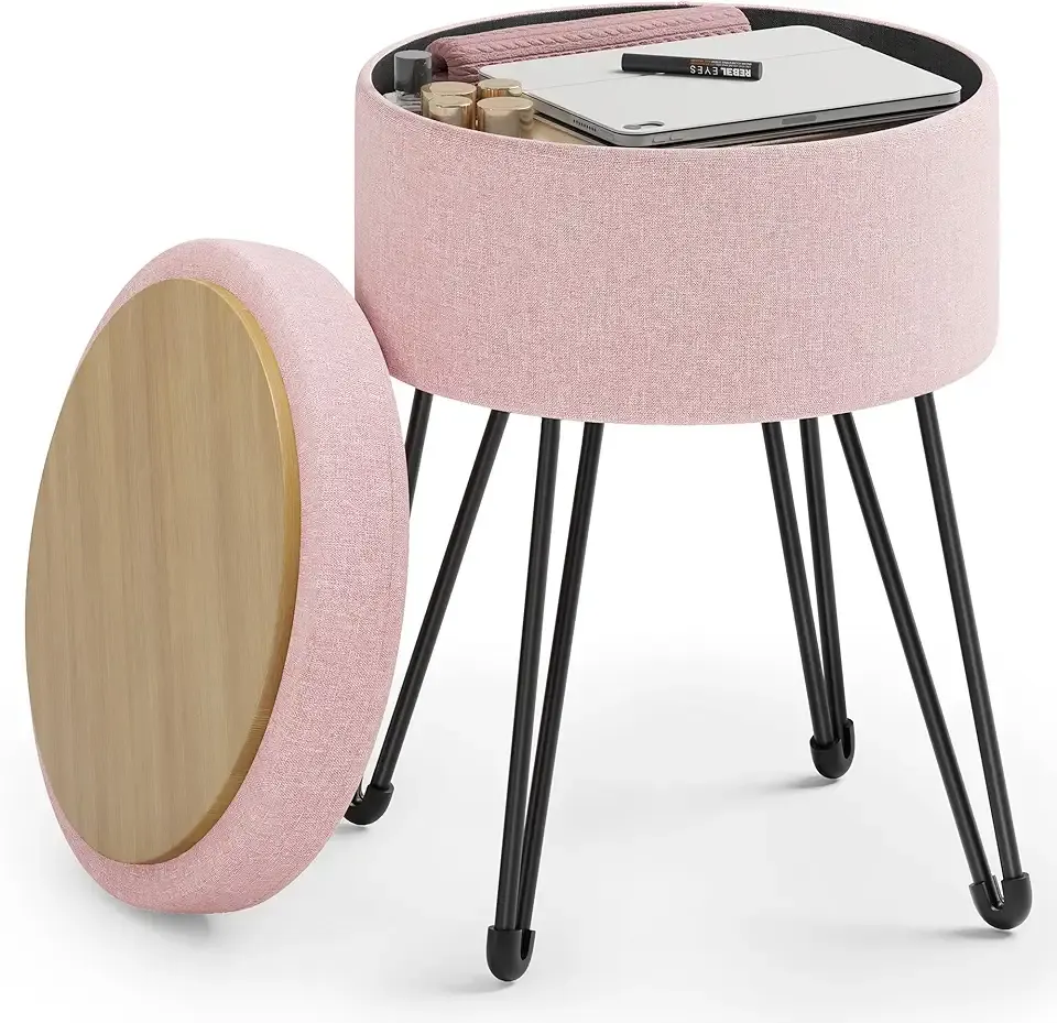 Vanity Stool Chair, Small Ottoman Stool with Storage, Vanity Chair, 15.4 Dia. x 17.4 Inches, 4 Metal Legs, for Makeup Room, for Living Room, Bedroom, Jelly Pink ULOM002R01