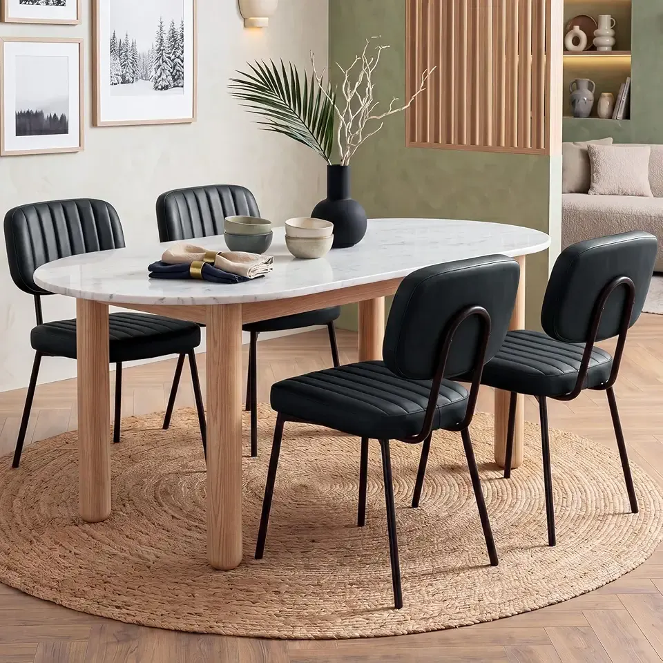 OLIXIS Dining Chairs Set of 4, Upholstered Kitchen Chairs, Black | Faux Leather Comfortable Cushion Seat, Metal Legs with Backrest, Mid-Century Modern, Easy Assembly, Dining Room Home