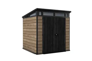 Casetta da giardino in polipropilene effetto legno 2 x 2 m, superficie esterna 4.7 m² e spessore parete 20 mm, con pavimento e porta a due ante, KETER Ashwood Pent