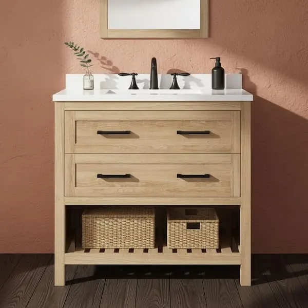 Home Decorators Collection Autumn 36 in. Single Sink Freestanding Weathered Tan Bath Vanity with White Engineered Stone Top (Assembled)