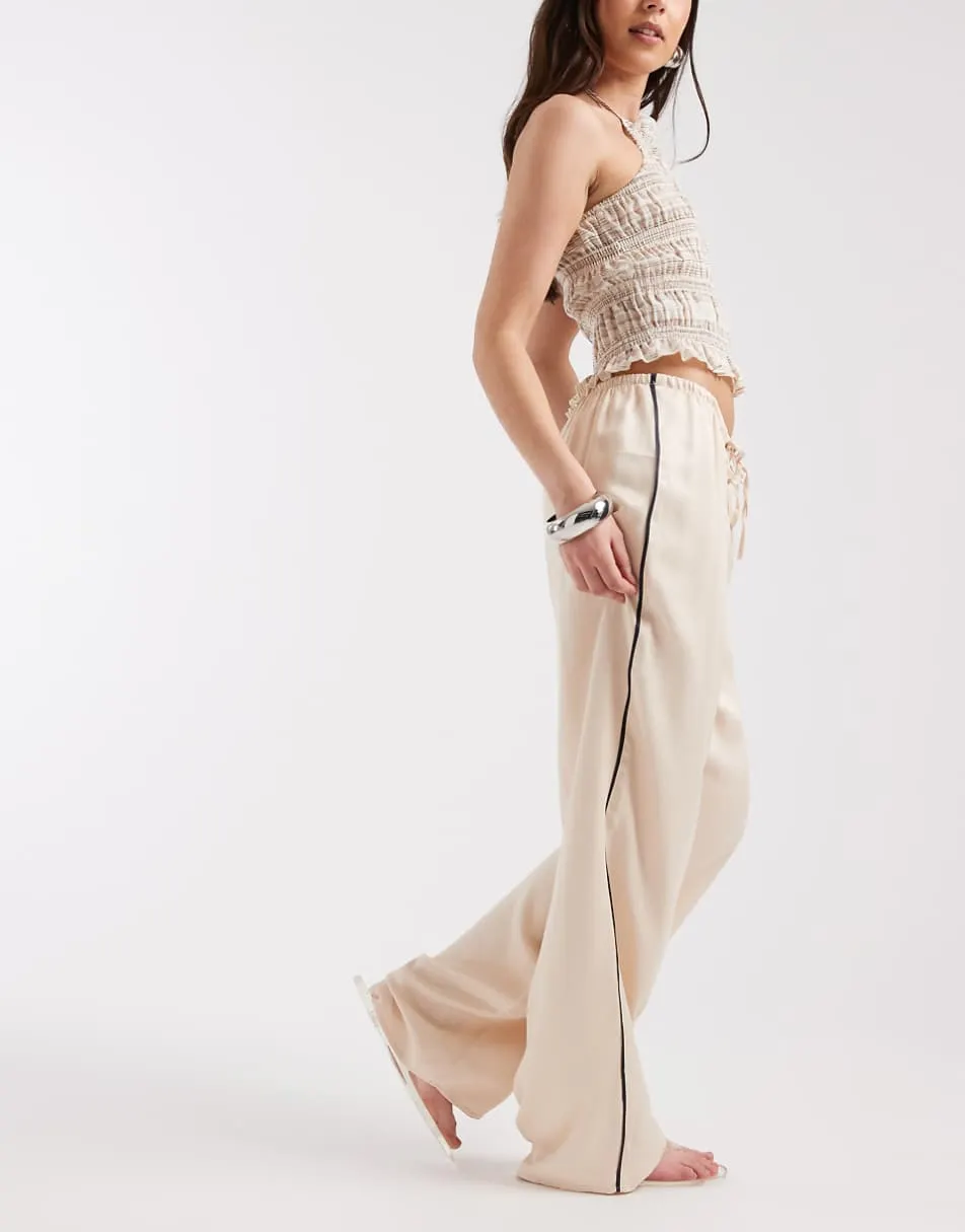 ASOS DESIGN satin side stripe wide leg trouser in ecru