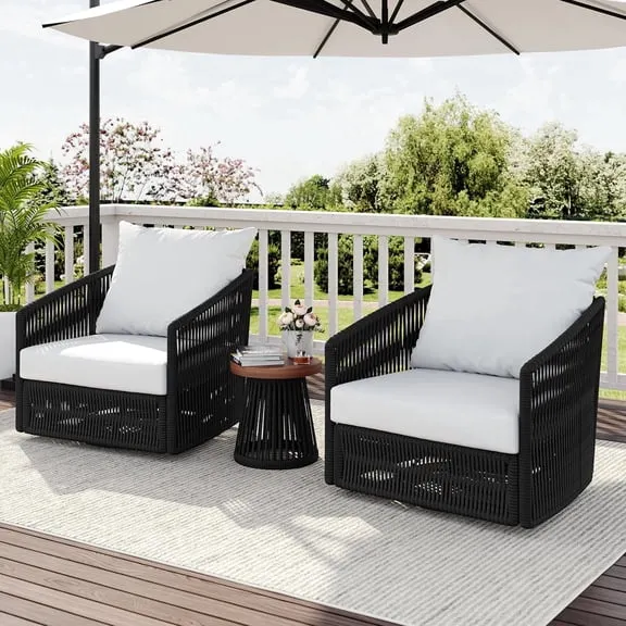 DREAMSIDEA 3 Pcs Outdoor Patio Furniture Set, Outdoor Swivel Bistro Set with Coffee Table, PE Wicker Rope Patio Furniture Conversation Sets for Balcony&Poolside, Black