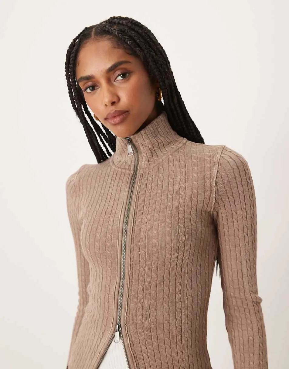Free People brunch girl long sleeve zip up cardigan in dusted cocoa