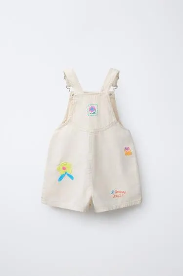 EMBROIDERED TWILL SHORT DUNGAREES