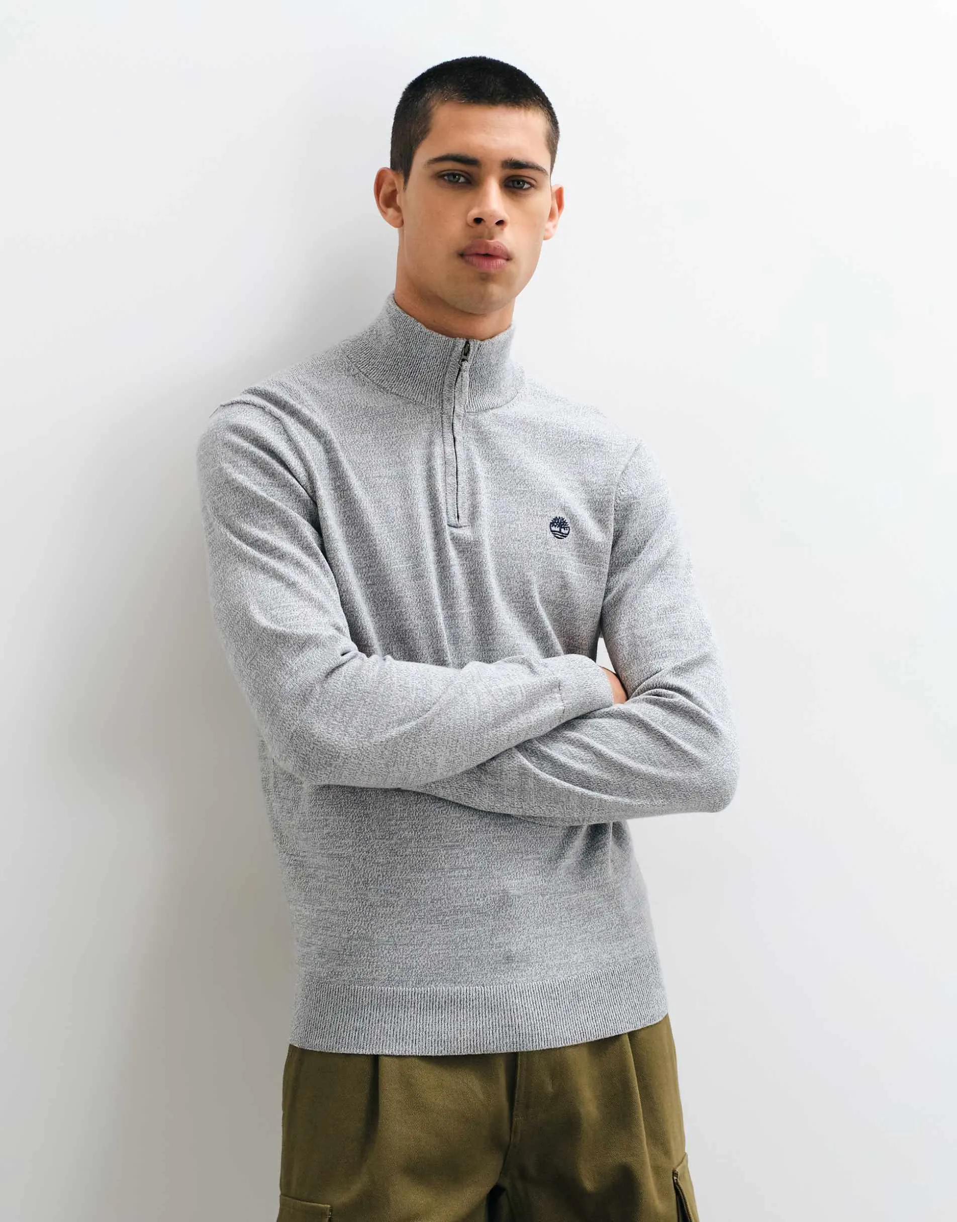 Timberland Cotton 1/4 zip sweater in medium grey heather