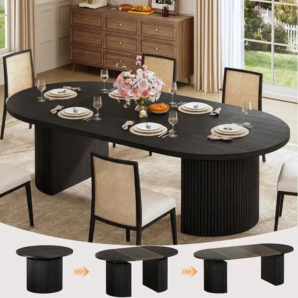 HUAHUU Extendable Round Dining Table for 4-8, 39in-77in Long Large Kitchen Table with Fluted Base, Space Saving Modern Farmhouse Oval Dinner Tables for Dining Room, Kitchen, Living Room, Black
