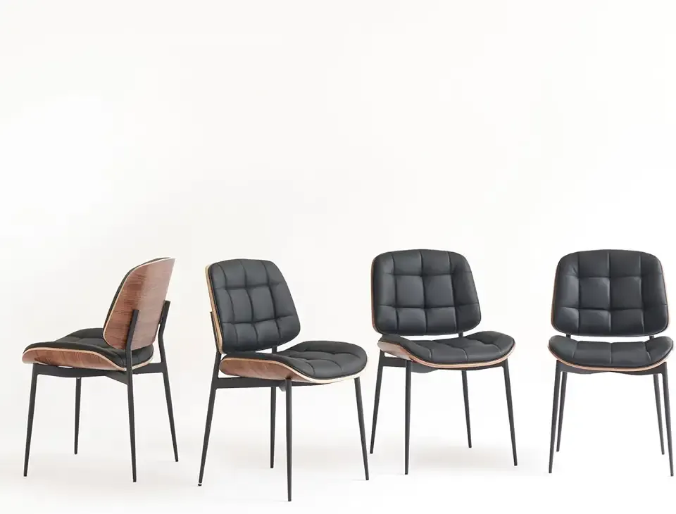 GrandNoor Mid Century Modern Dining Chairs with Walnut Grain Back, Black Faux Leather Dining Room Chairs Set of 4, Checkered Soft Cushion Kitchen Chairs with Adjustable Foot Pads