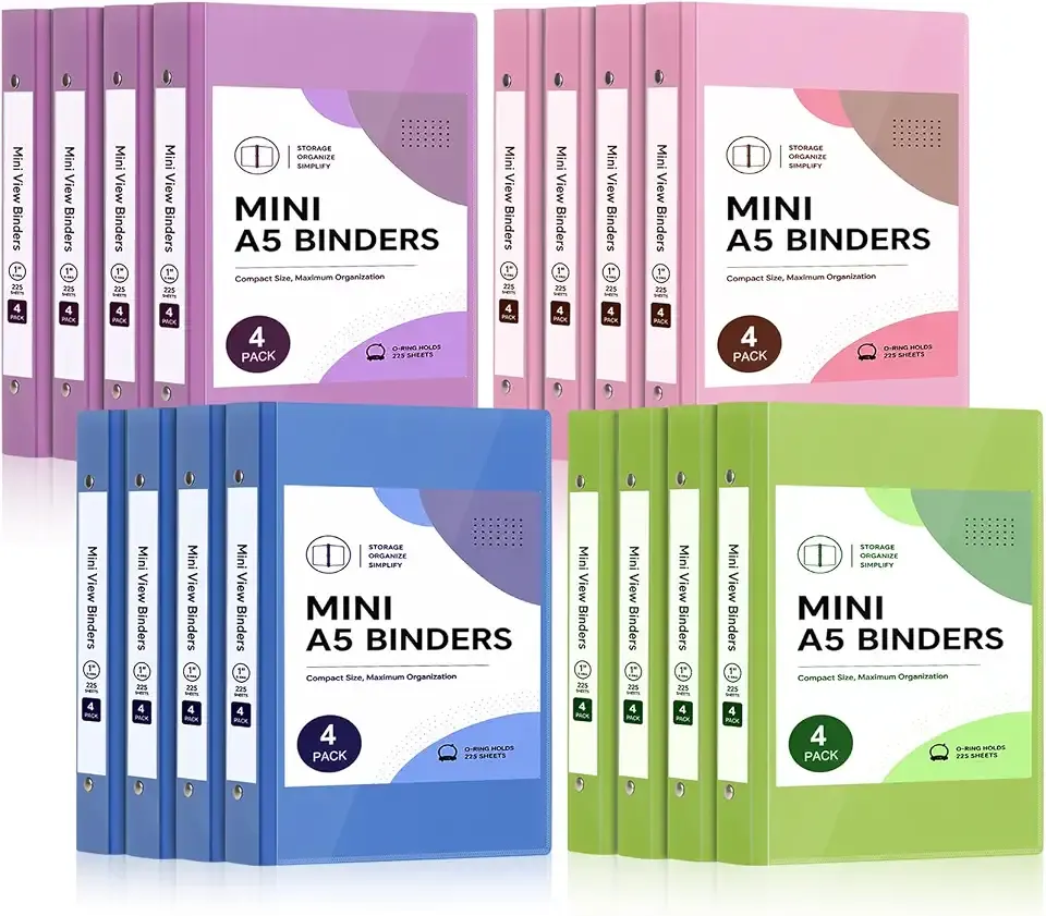 ReliThick 16 Pack A5 Binder 6 Ring Mini 8.5 × 5.5 in, PP, Fit 250 Sheets | for Half Letter Paper, 2 Clear Pockets, Refillable Notebook Organizer, School Supplies, Office, Home, Scrapbooking, 4 Colors