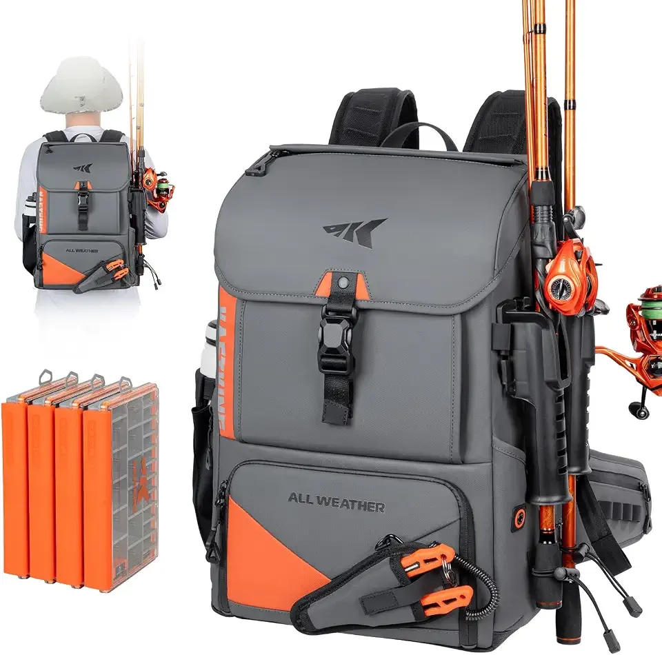 KastKing All Weather Waterproof Fishing Backpack & Waterproof Tackle Box | 1000D Tear-Resistant Nylon, EVA Breathable Back Panel, Two Removable Rod Holders, Removable Lure Bag, Sunglasses Pocket