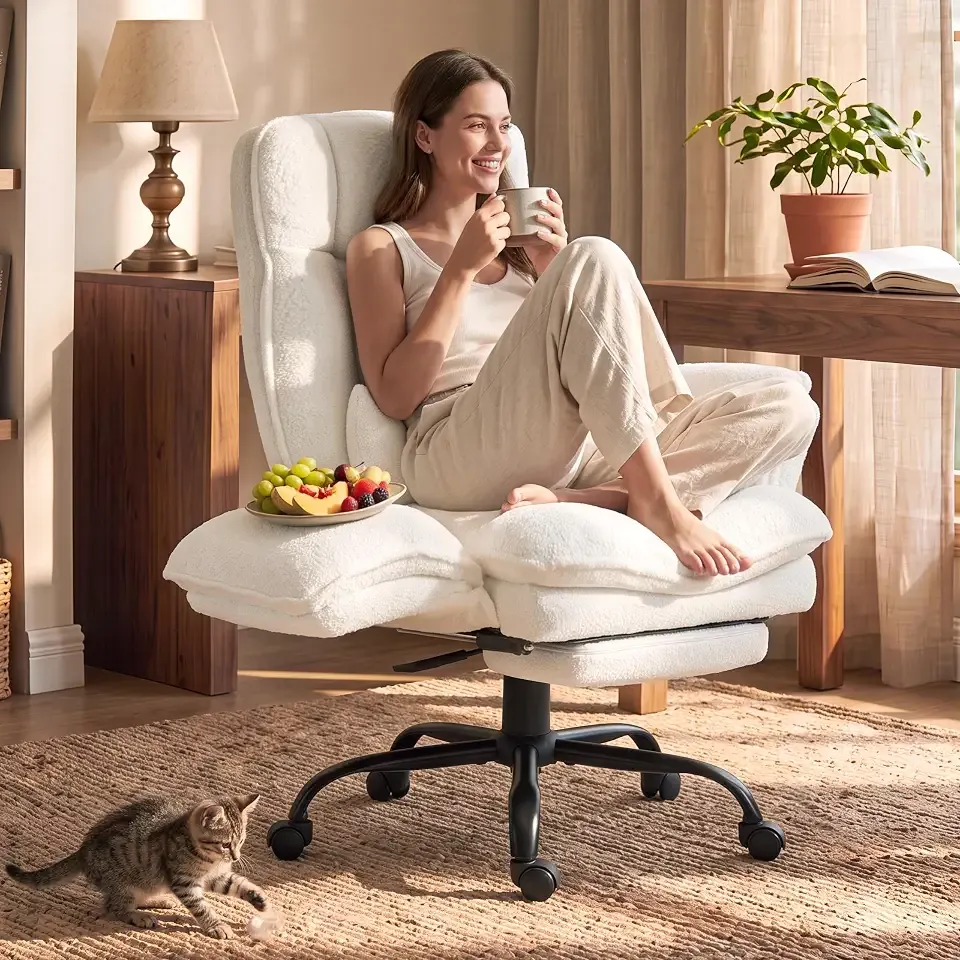Wider Seat Office Chair with Flip Armrests for Criss Cross Legged&Cats, Big and Tall Executive Ergonomic Reclining Chair with Footrest&Lumbar Pillow, Teddy Fleece Desk Chair,White Vanity Chair