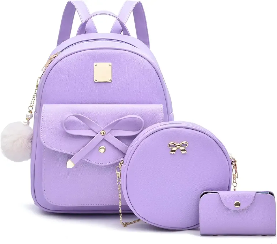 Girls Bowknot 3-Pieces Fahsion Leather Backpack Backpack Purse for Women Rucksack for Ladies Shoulder Bag