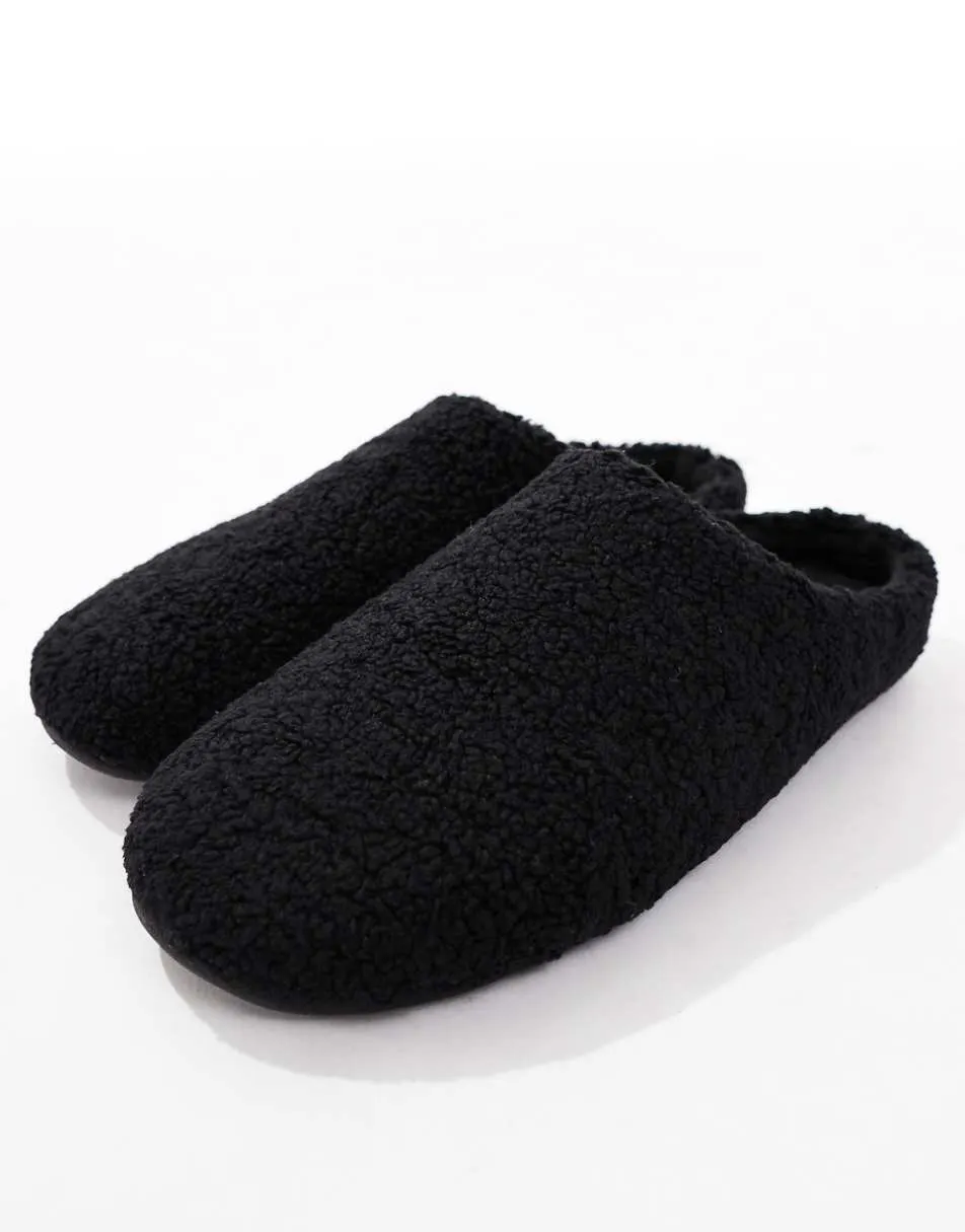 ASOS DESIGN mule slippers in black borg