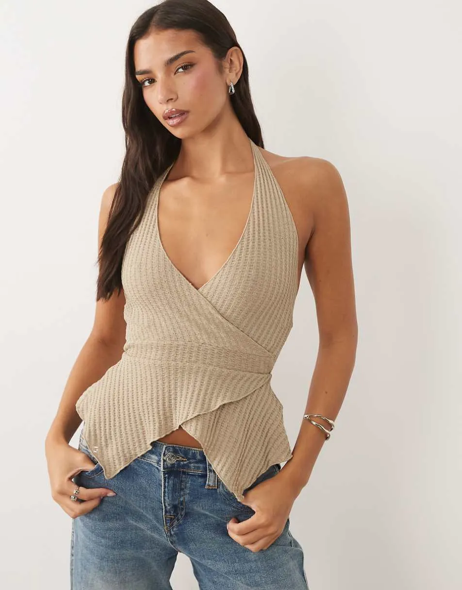 Motel Kiwari waffle knit halter top in stone