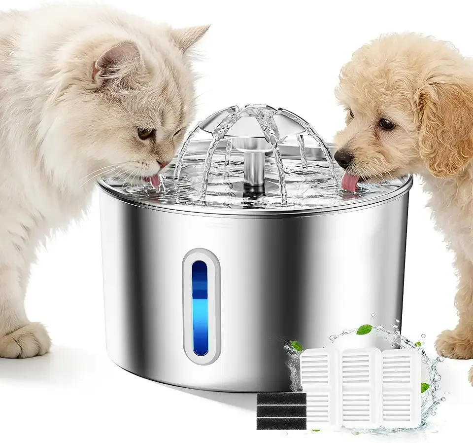 Cat Water Fountain Stainless Steel - 74oz/2.2L Pet Dog Water Dispenser Automatic Silent Cats Dispenser for Drinking Indoor Metal Kitty Spout Fountains with 3 Filters & 3 Sponges Christmas Stuff Gifts