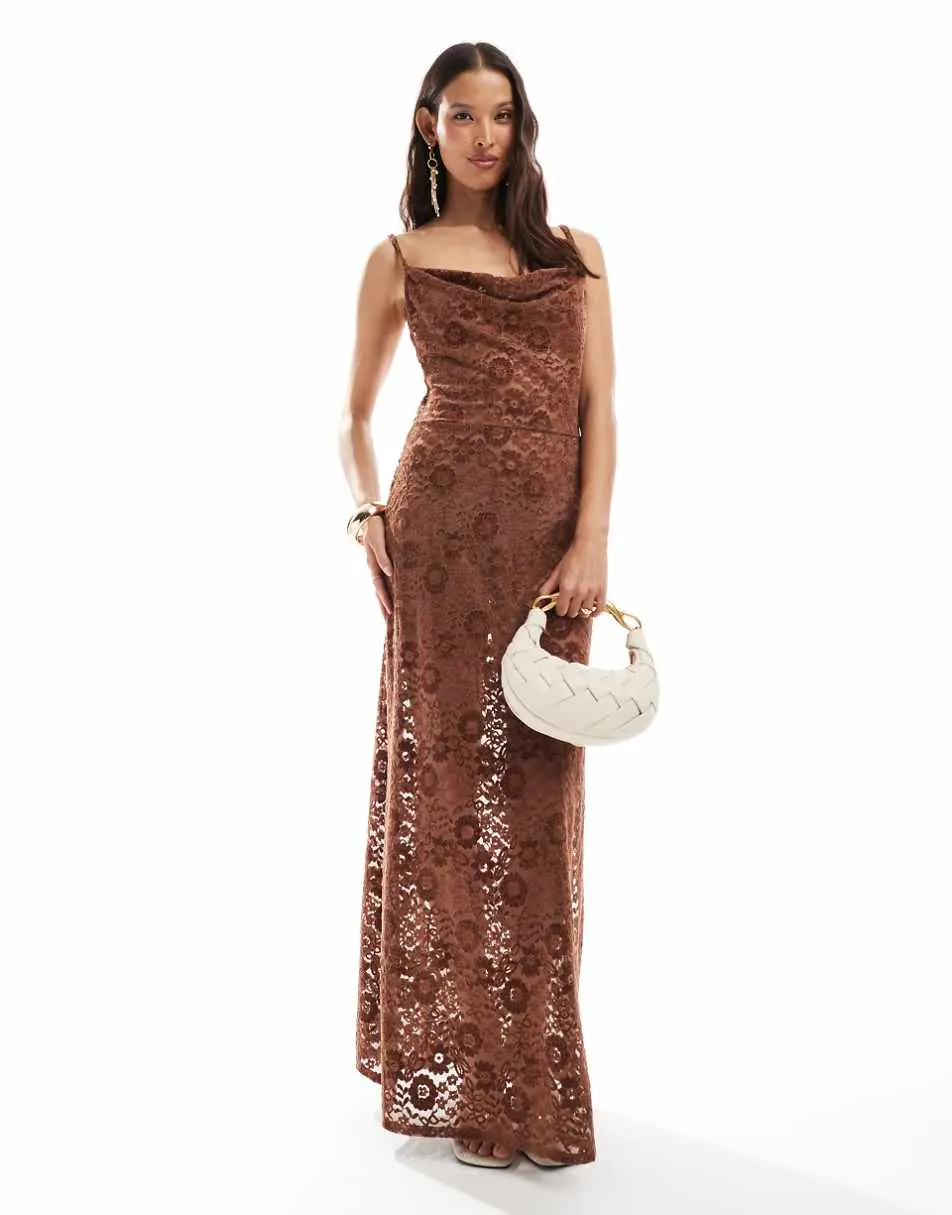 Miss Selfridge sheer lace cowl split hem summer maxi dress in chocolate