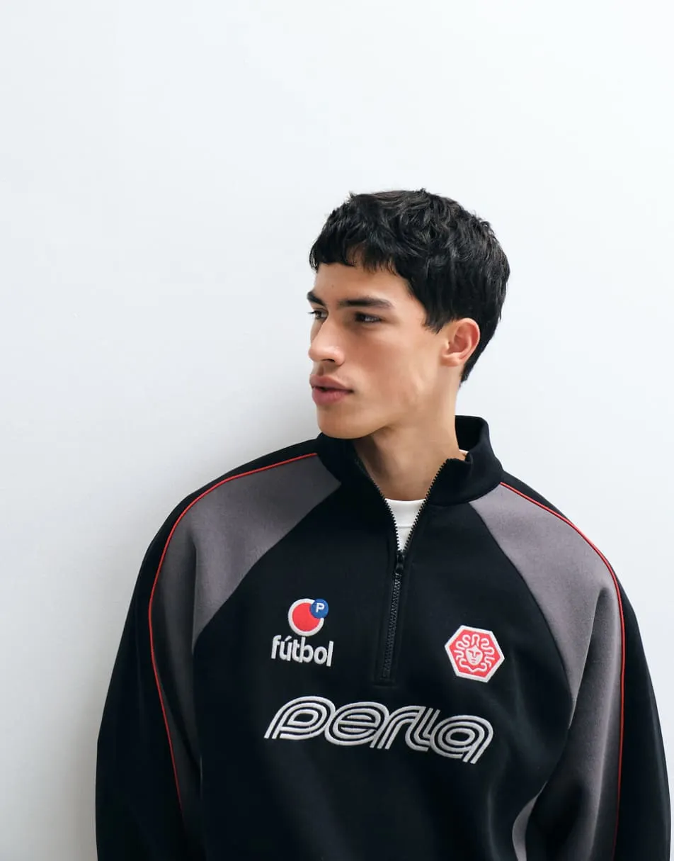 ASOS DESIGN relaxed half zip sweatshirt with piping and graphic in black