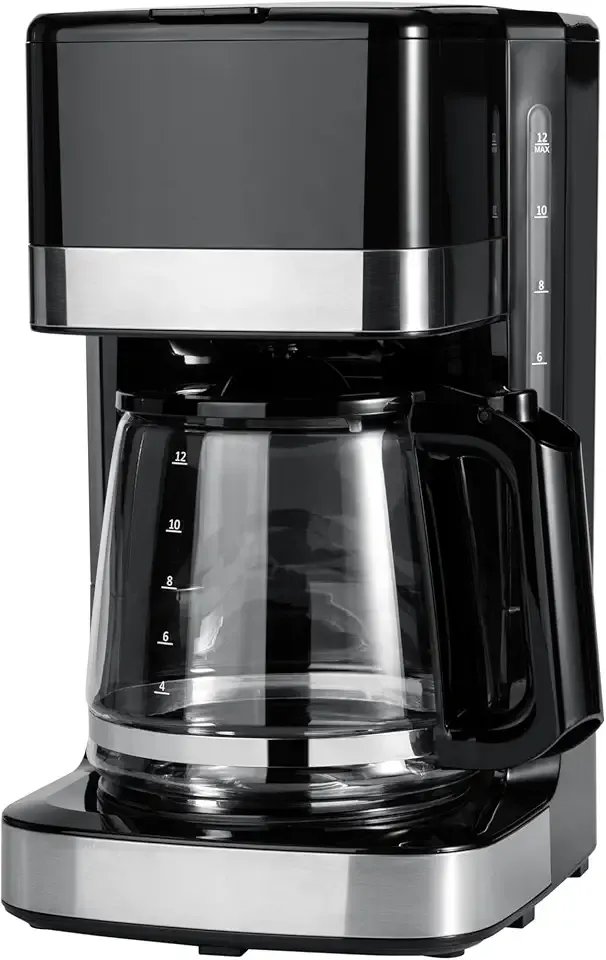 Amazon Basics 12 Cup Drip Coffee Maker, Coffee Machine with Glass Coffee Pot (1.9 Qt), Auto Shut-off, Auto Pause, Removable Filter Basket, Black & Silver