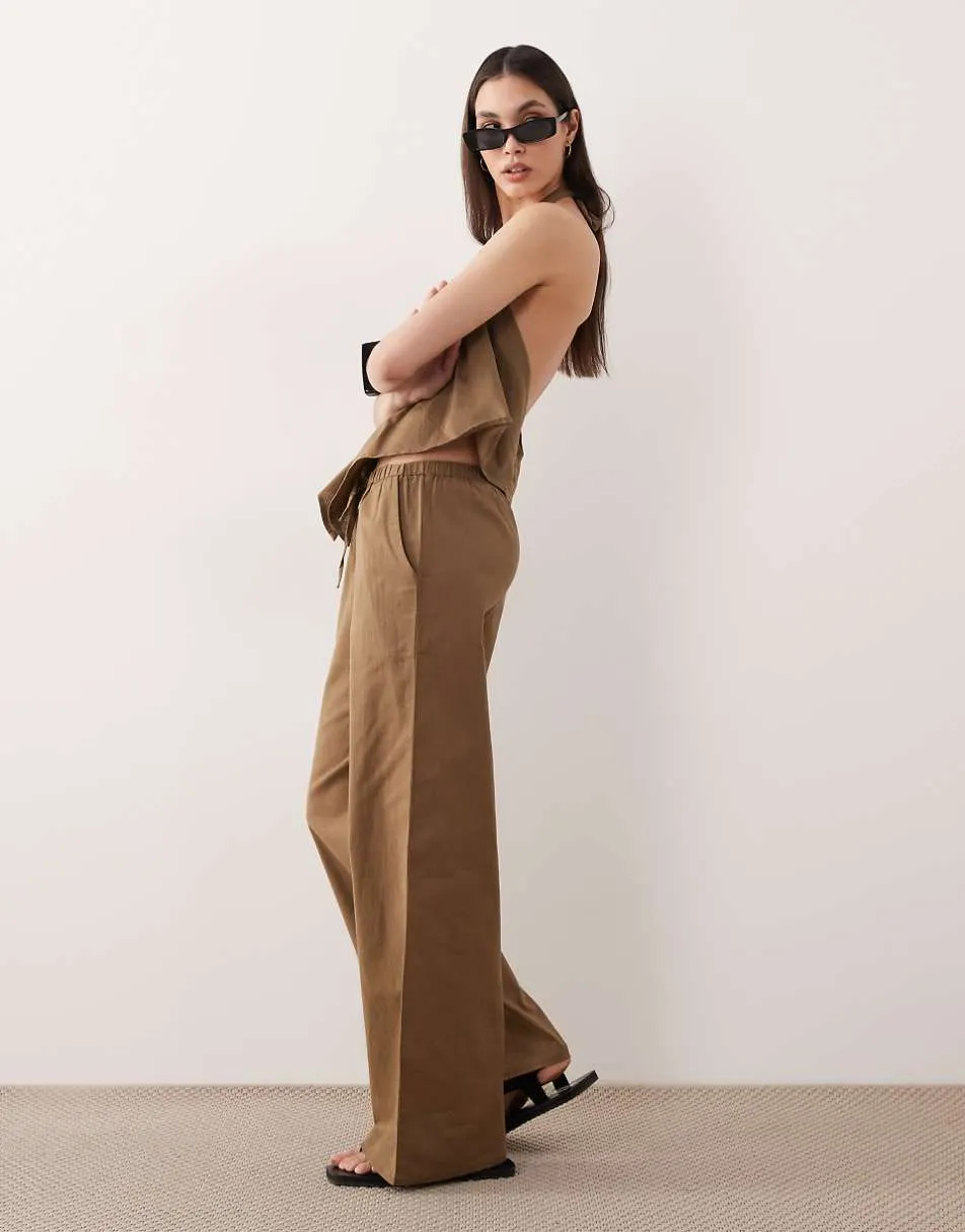 Esmee tie front beach trouser co-ord in khaki brown