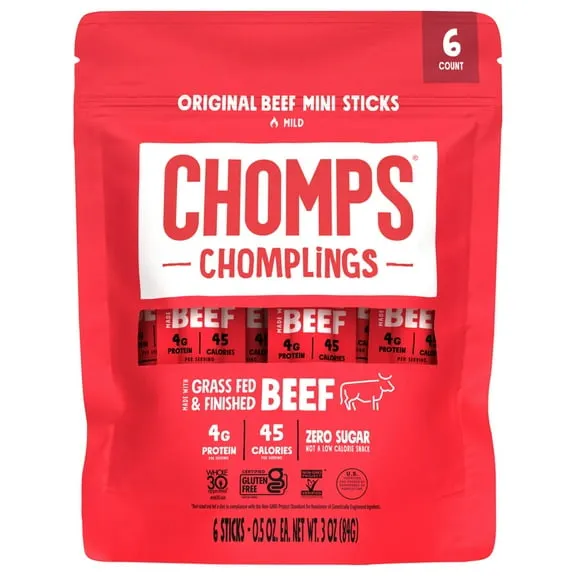 Chomplings Original Beef Mini Jerky Meat Sticks, 4g of Protein (6 Count)