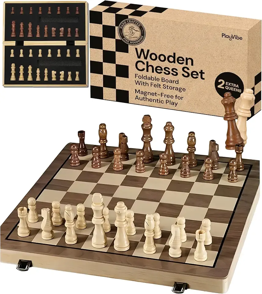PlayVibe Wooden Chess Set 15'' Board Games for All Players with 2 Extra Queens - Handmade Classic Wooden Chess Board Set, Portable & Folding Playtime Boards, Indoor Cozy Fun Gift for Adults & Kids