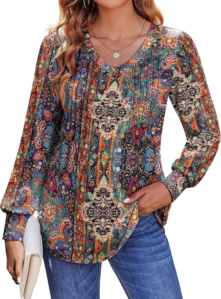 Women's Puff Long Sleeve Shirts Pleated V Neck Fall Tunic Tops Blouse Dressy Casual Summer T-Shirts