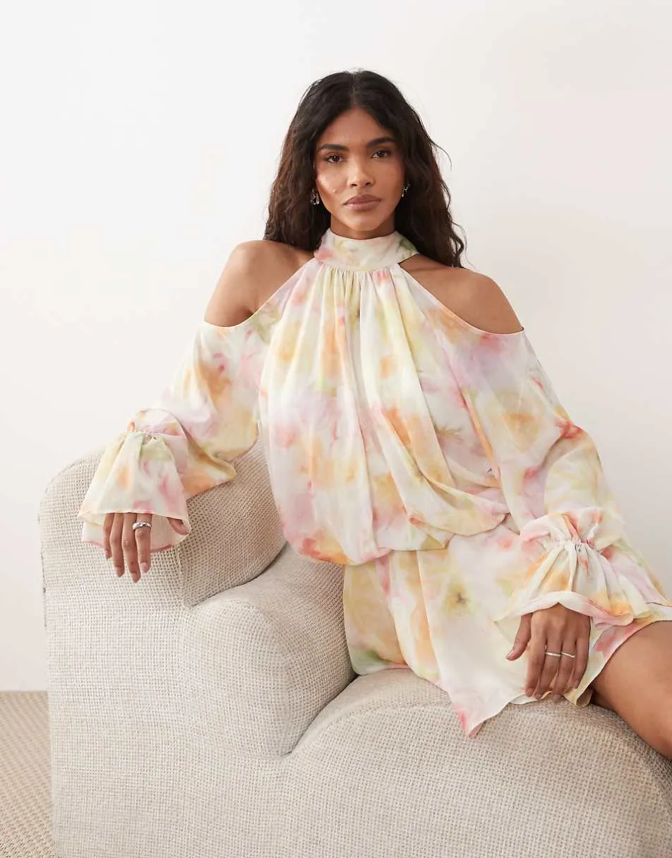 Gina Tricot boho chiffon mini dress in flower multi print