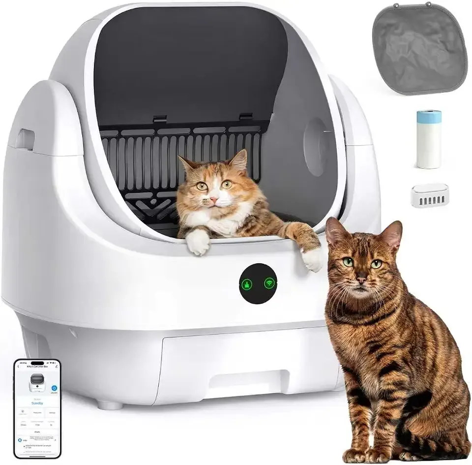 Open-Top Automatic Litter Box, Odor Control, Ready to Use, Self Cleaning Litter Box, Large Capacity with APP Control and Safety Sensor, Ellenpent, with Trash Bags/Waterproof Mat/Litter Mat