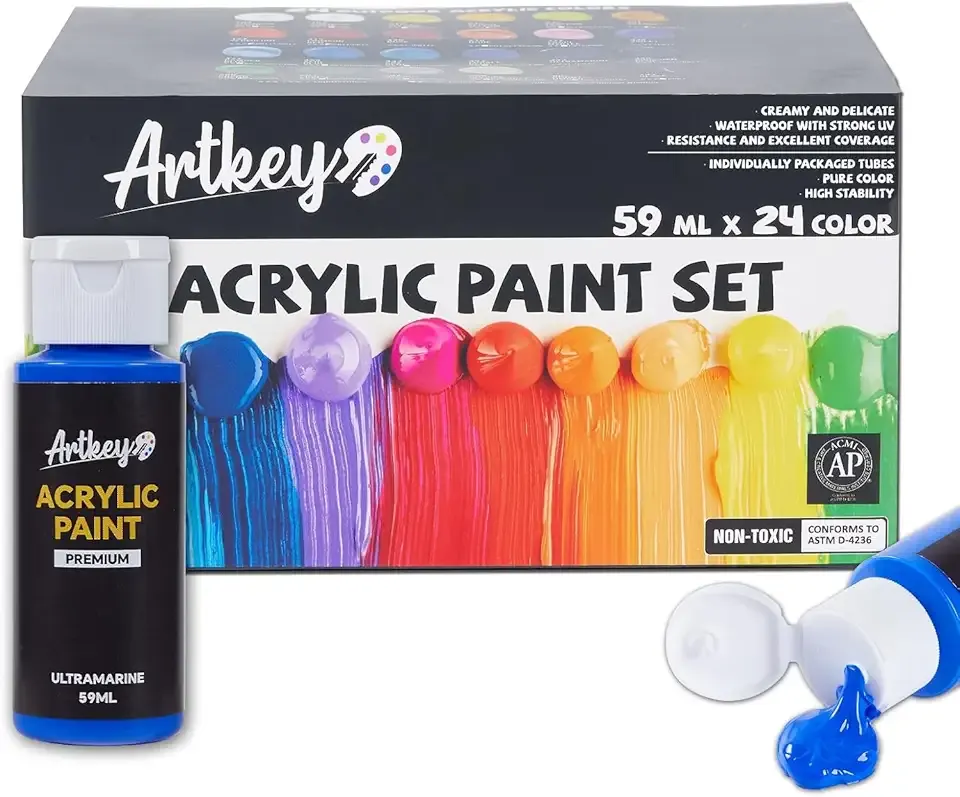 Artkey Acrylic Paint Set, 24 Colors 2 oz/59 ml Acrylic Paint Kit for Professional Artists & Beginners – Craft & Art Supplies for Canvas, Wood, Fabric, Rock, Leather, Ceramic, Glass, Easter Egg
