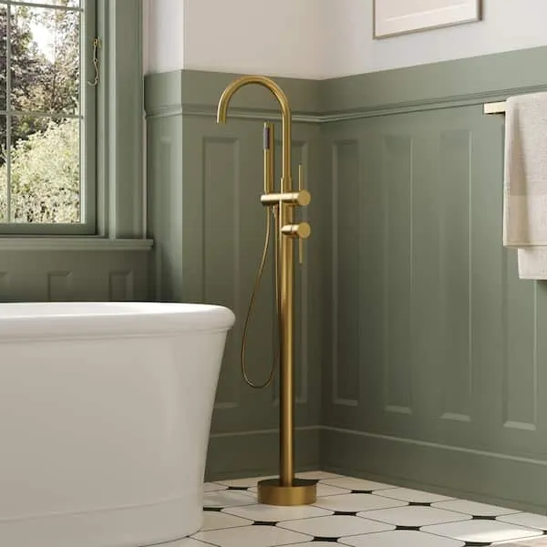 EVERSTEIN High-​Arc Freestanding Tub Faucet Claw Foot Tub Faucet with Handheld Shower in Brushed Gold (Rough-​In Valve Included)​