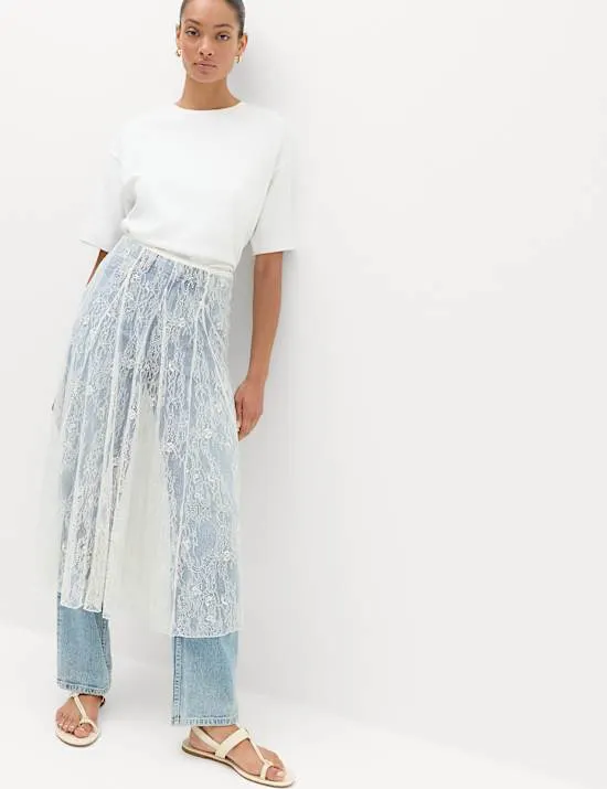 Cotton Blend Lace Midi Circle Skirt